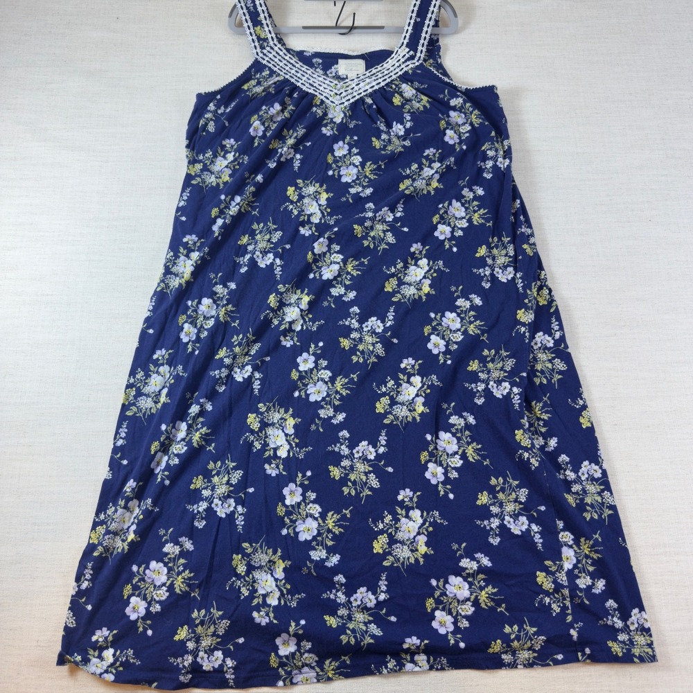 Charter Club Nightgown Womens XL Navy Floral Cotton Lace Cottagecore Sleeveless
